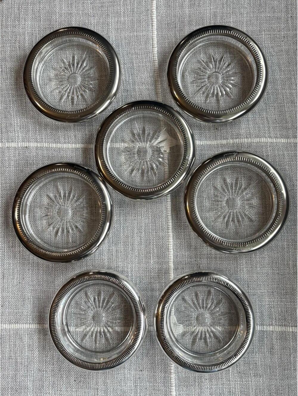 Vintage Leonard Silverplated & Crown Sterling Crystal Sunburst Coasters